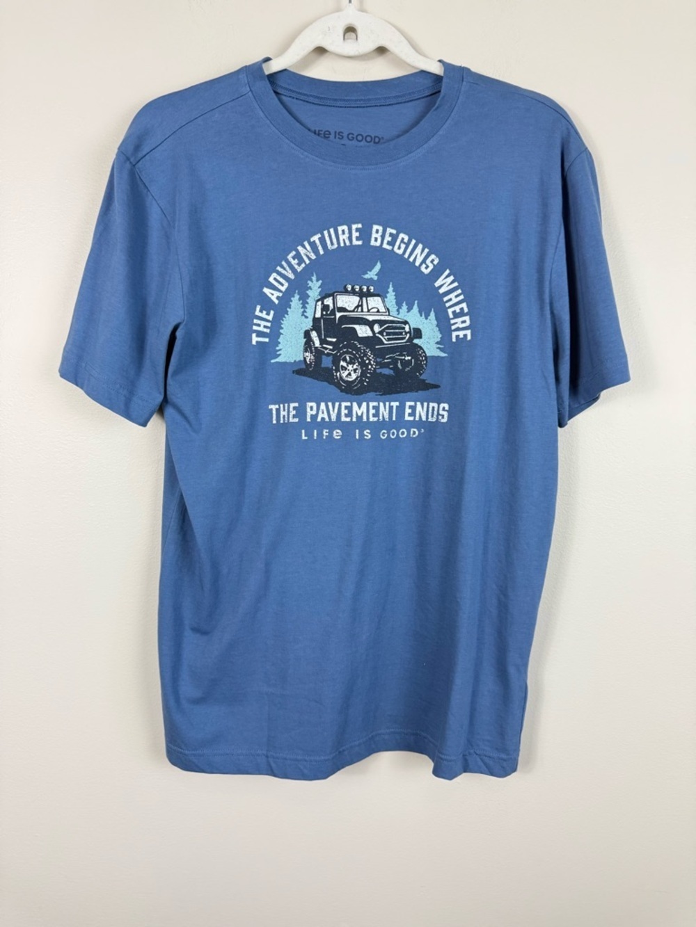 Life is Good Top Mens Small The Adventure Begins Blue Truck Short Sleeve Outdoor